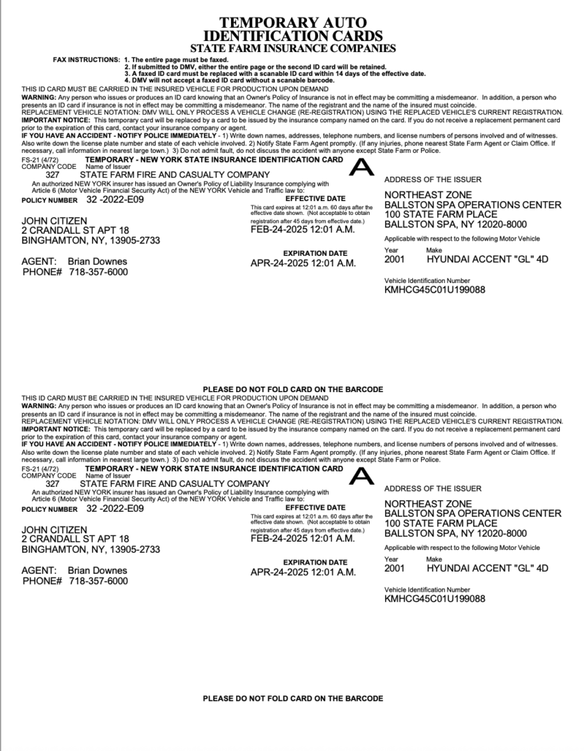 State Farm Insurance New York state insurance identification card Word and PDF template
