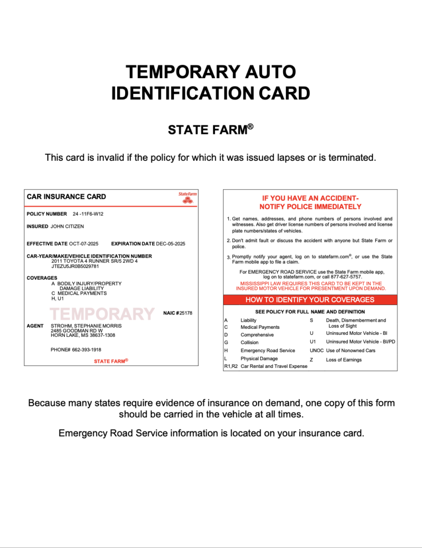 State Farm Mississippi car insurance card Word and PDF template