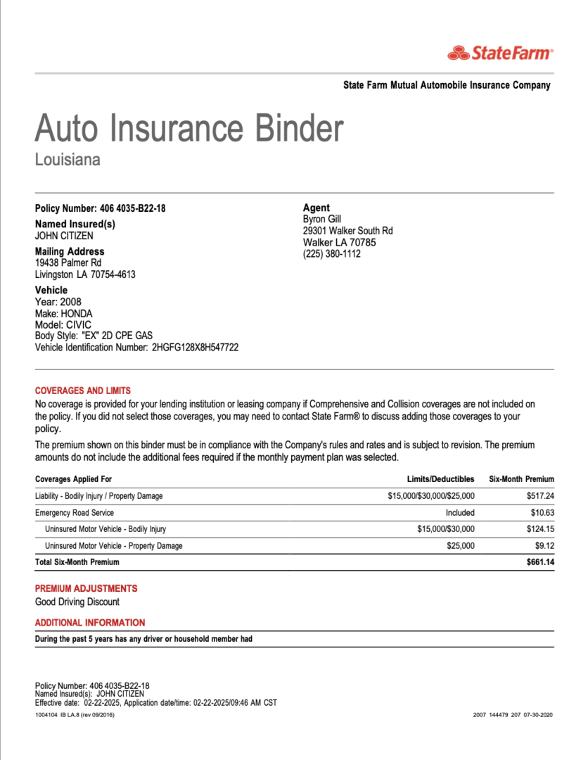 State Farm Mutual Automobile Insurance Company Louisiana auto insurance binder Word and PDF template