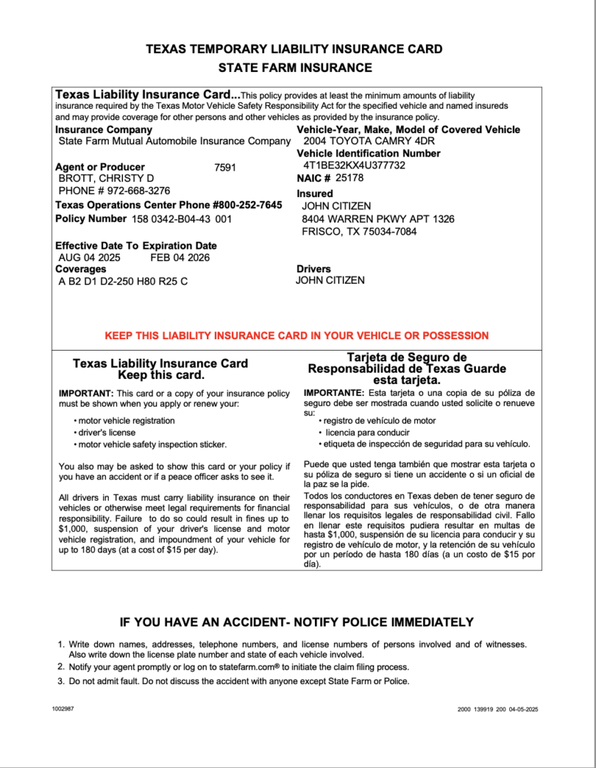 State Farm Mutual Automobile Insurance Company Texas Liability insurance card Word and PDF template