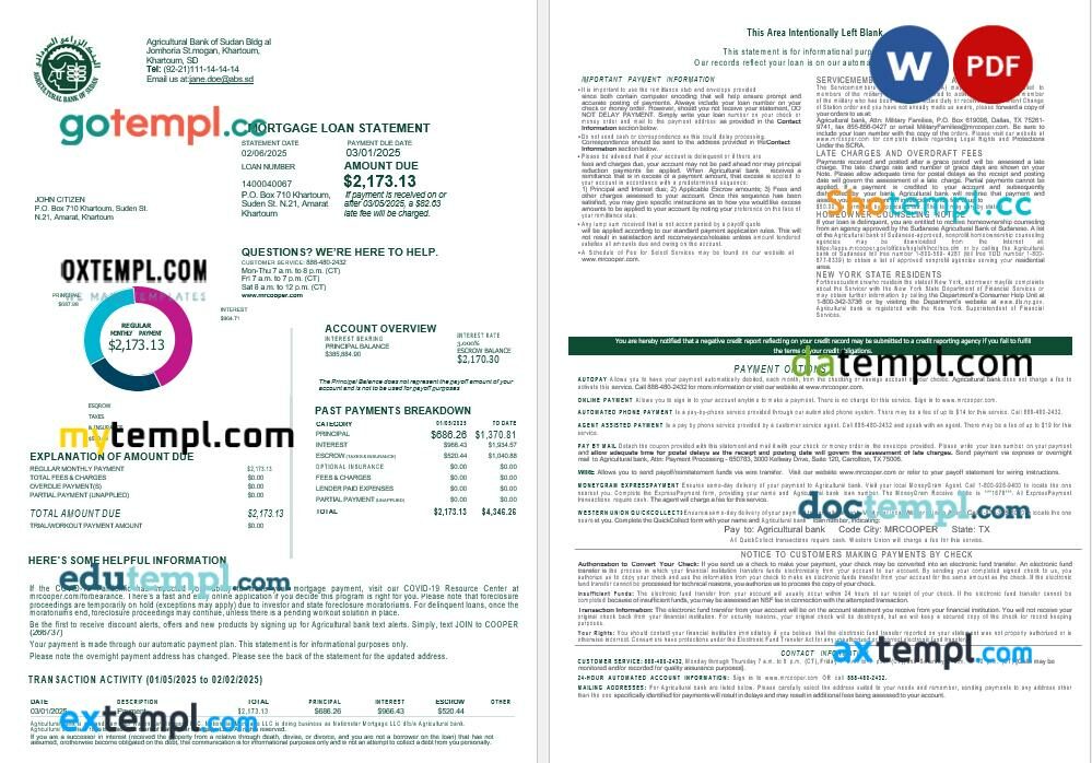 Sudanese Agricultural Bank of Sudanese bank mortgage loan statement in Word and PDF formats, 4 pages