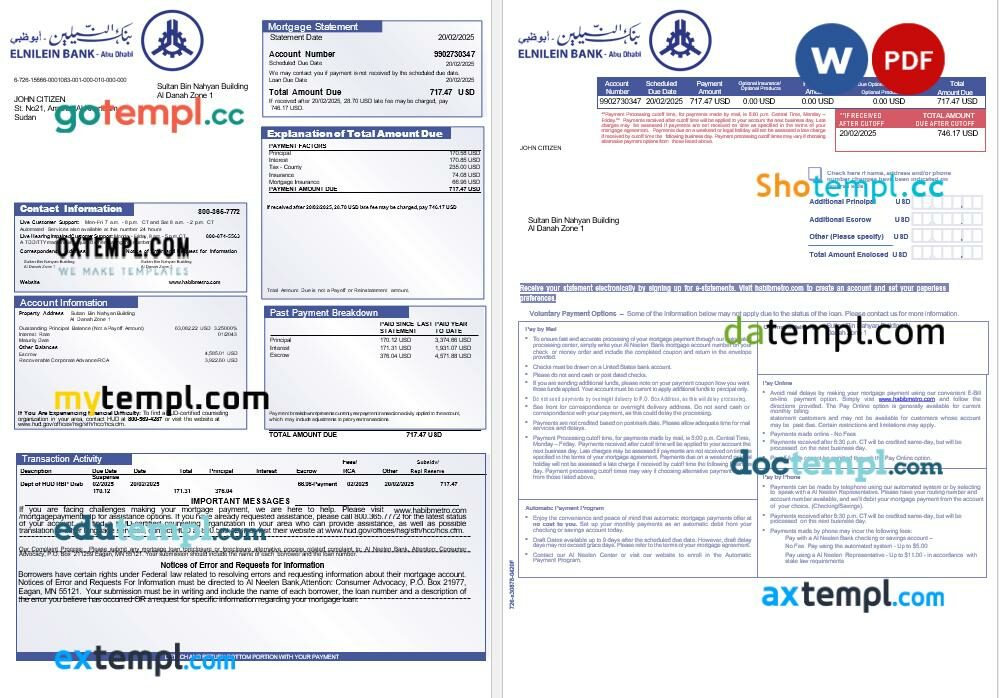 Sudanese Al Neelen Bank mortgage statement in Word and PDF formats, 3 pages