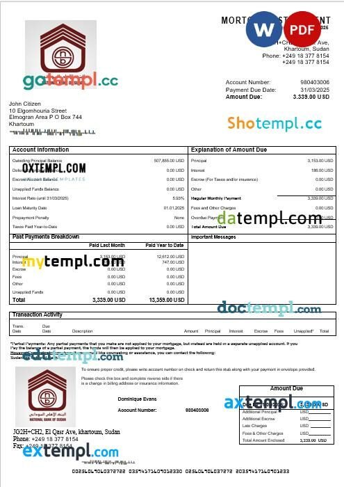 Sudanese National Bank mortgage statement in Word and PDF formats