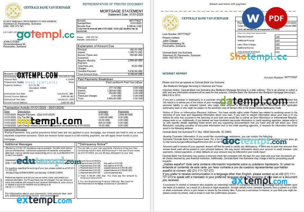 Suriname Centrale Bank Van Suriname bank mortgage statement in Word and PDF formats, 3 pages