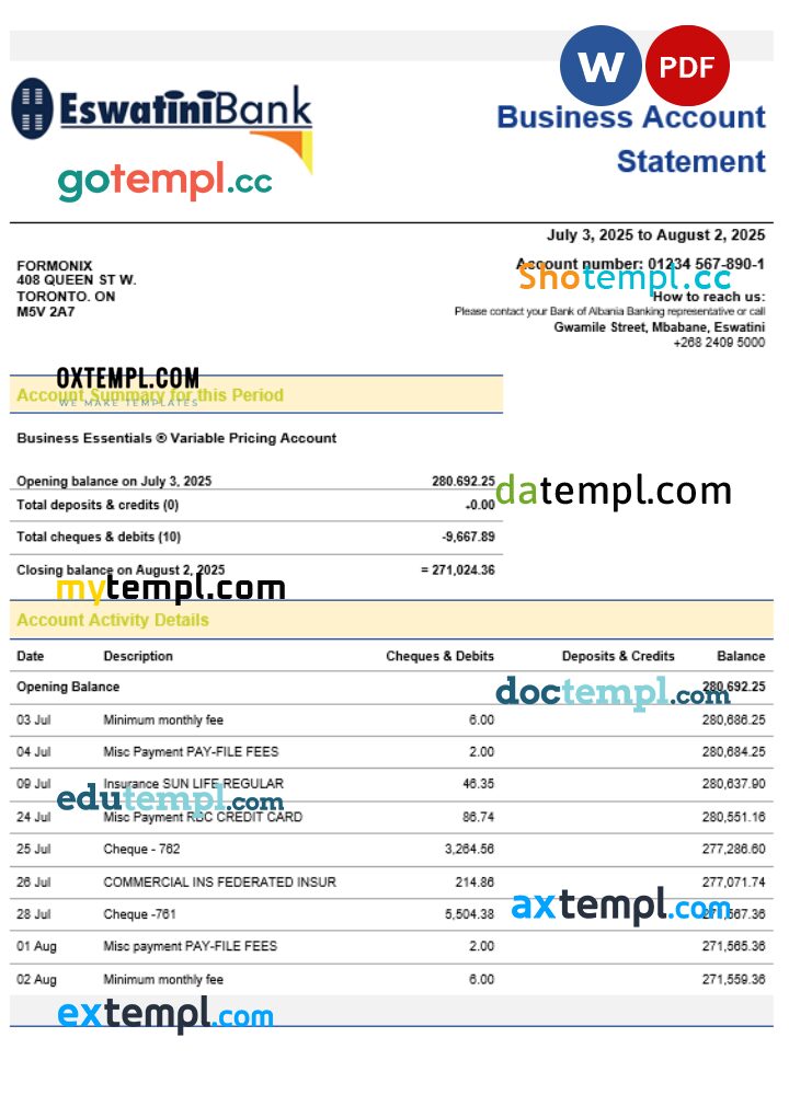 Swazibank Limited company checking account statement Word and PDF template