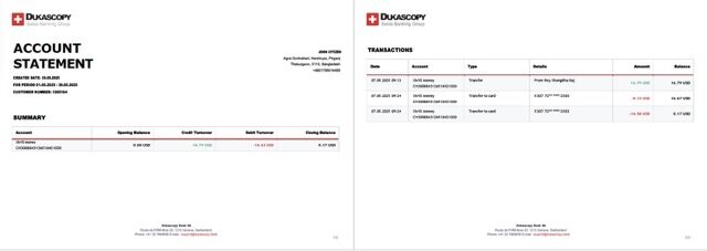 Switzerland Dukascopy Bank account statement Word and PDF template, 2 pages