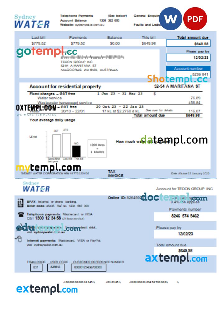 Sydney Water utility business bill, Word and PDF template