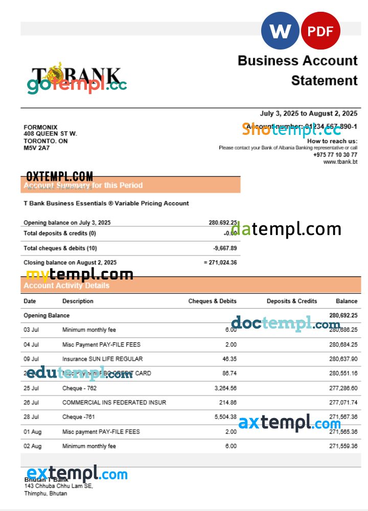 T bank business bank statement Word and PDF format