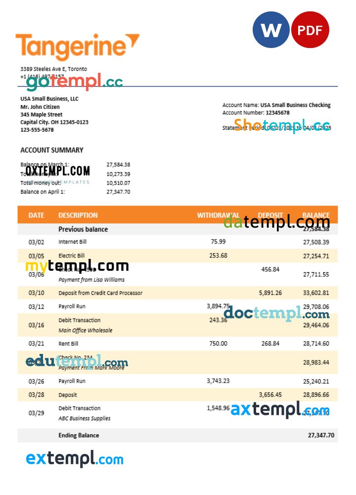 Tangerine business bank statement Word and PDF format
