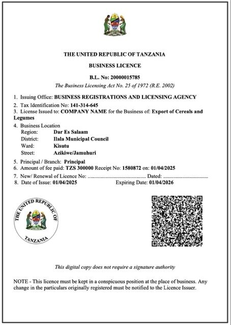 Tanzania business license Word and PDF template
