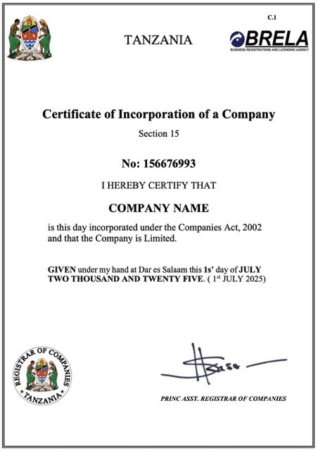Tanzania certificate of company incorporation Word and PDF template