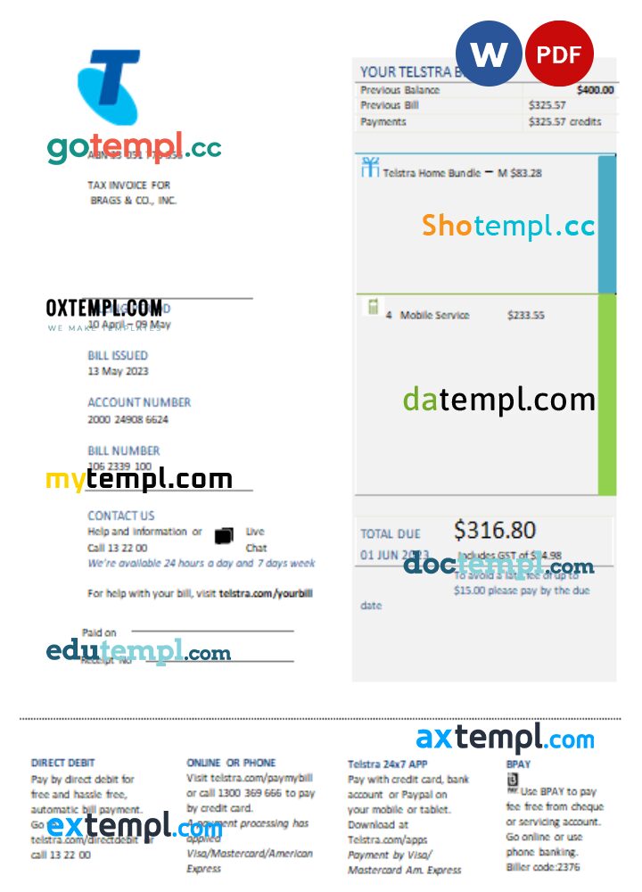 Telstra Group Limited telecommunications utility business bill, Word and PDF template
