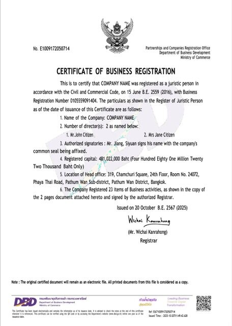 Thailand certificate of business registration Word and PDF template