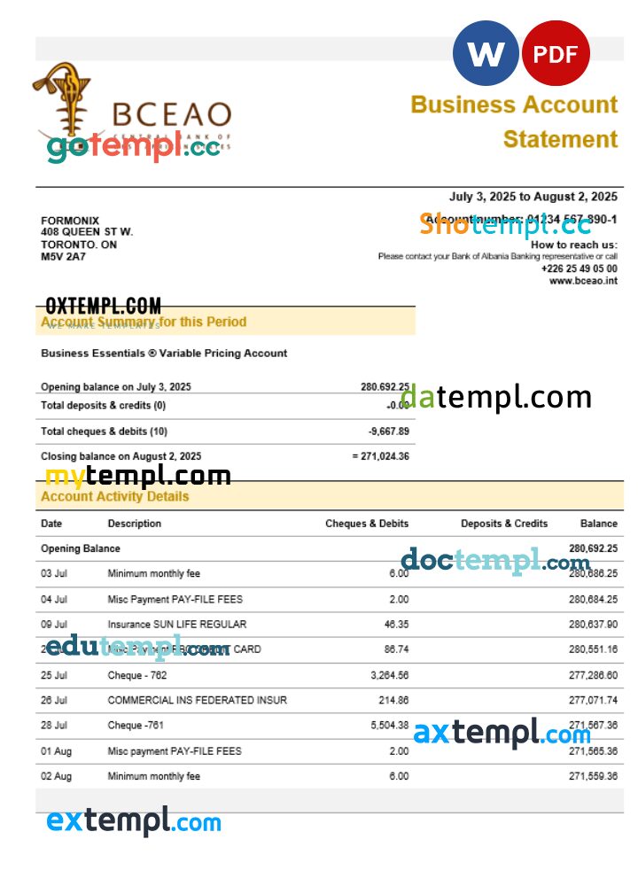 The Central Bank of West African States organization checking account statement Word and PDF format