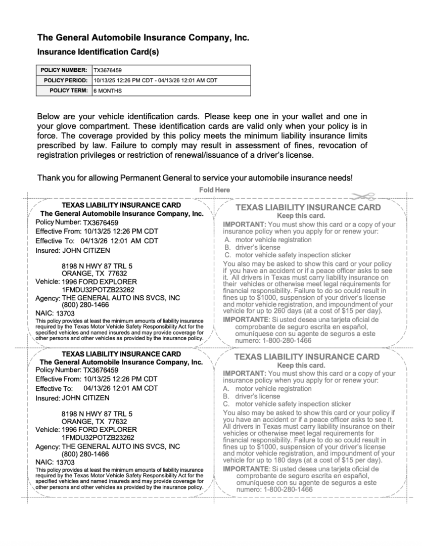 The General Automobile Insurance Company Texas liability insurance card Word and PDF template