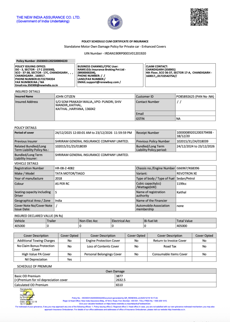 The New India Assurance policy schedule cum certificate of insurance Word and PDF template
