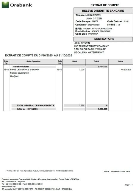 Togo Orabank account statement Word and PDF template