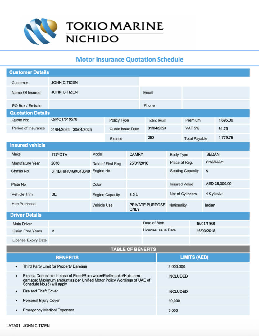 Tokio Marine Insurans Malaysia motor insurance quotation schedule Word and PDF template