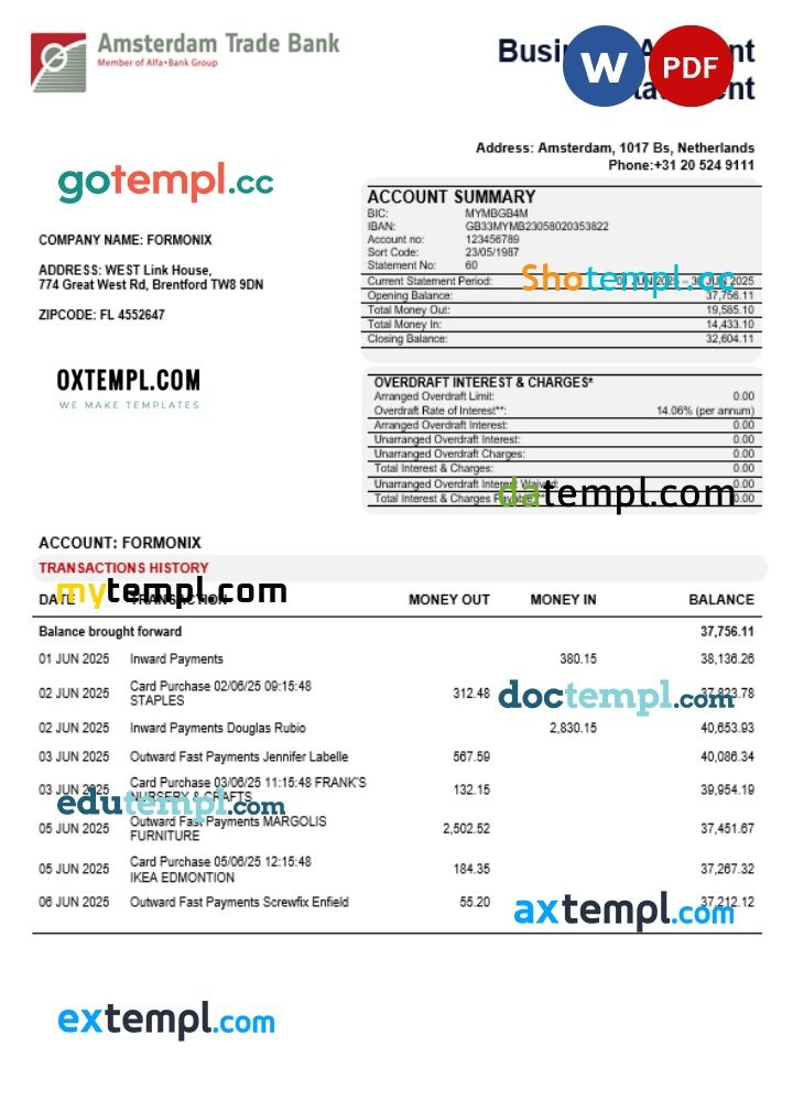 Trade Bank business account statement Word and PDF template
