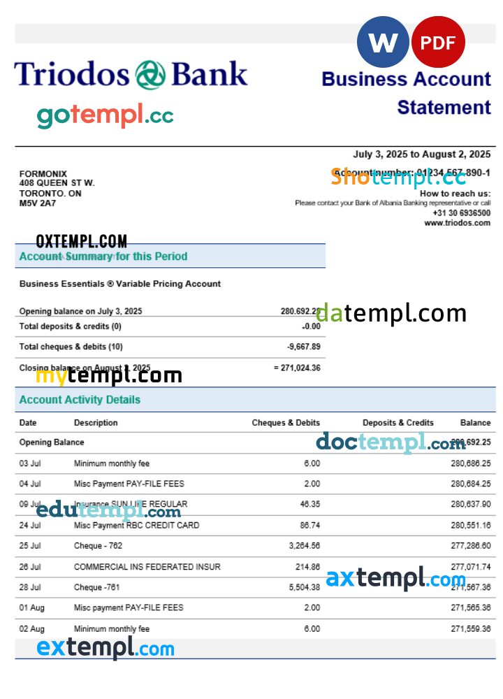 Triodos Bank business firm account statement Word snd PDF format