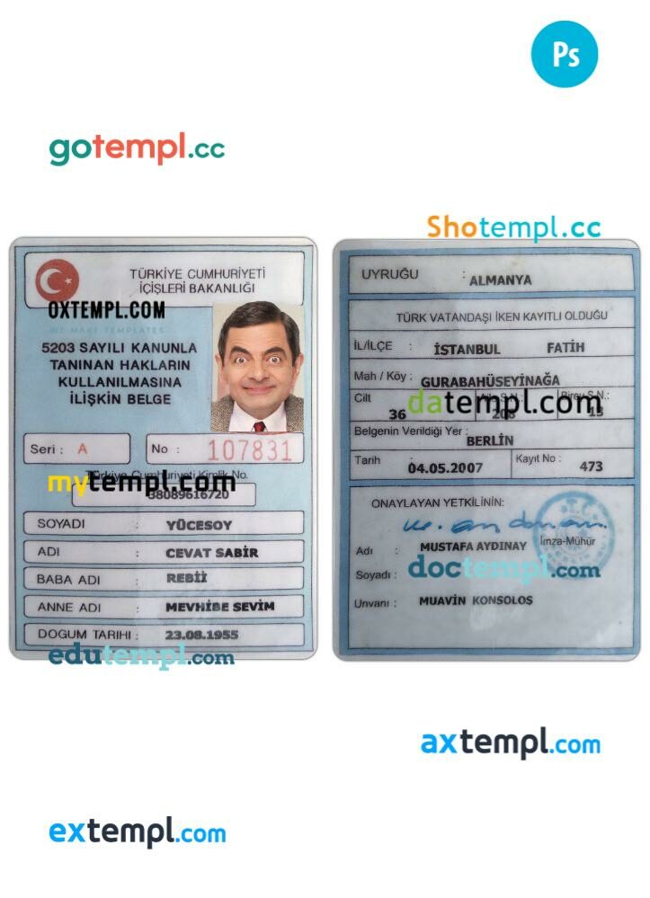 Turkey ministry of internal affairs ID card template in PSD format