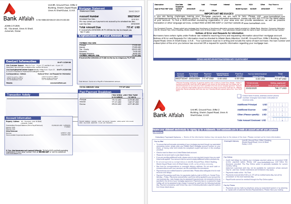UAE Abu Dhabi Bank Alfalah mortgage statement in Word and PDF formats, 3 pages
