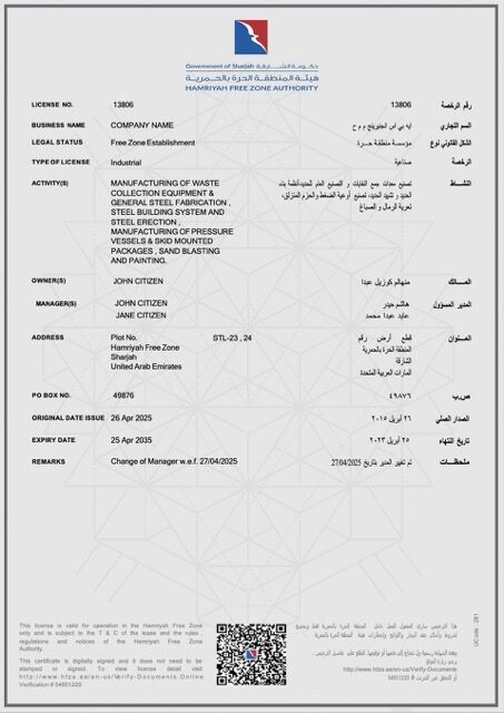 UAE Al Hamriyah industrial license Word and PDF template