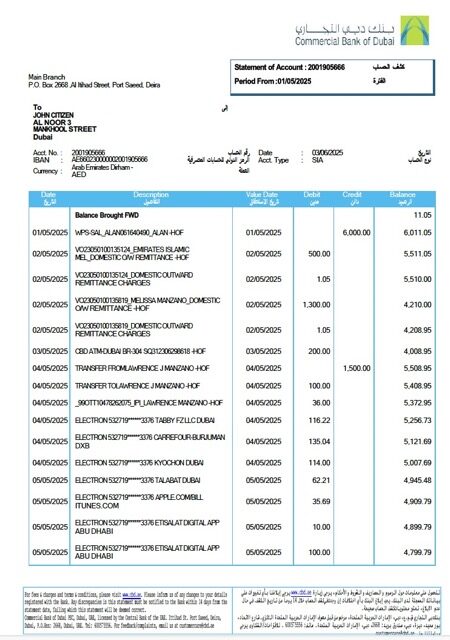 UAE Commercial Bank of Dubai statement of account Word and PDF template