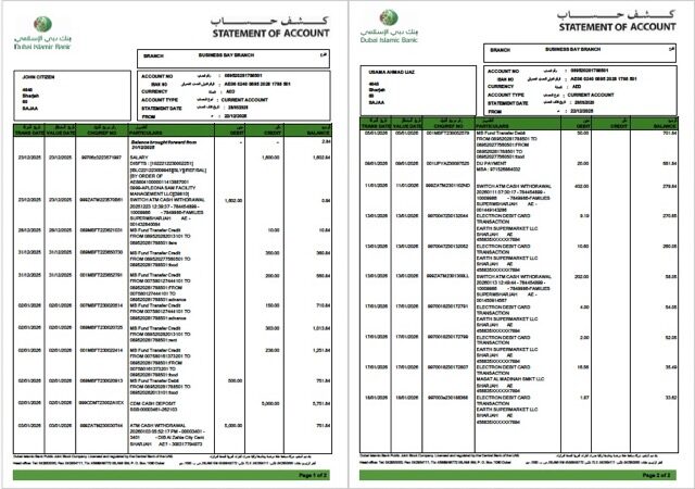 UAE Dubai Islamic Bank statement of account Word and PDF template, 2 pages
