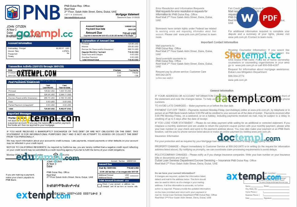 UAE Dubai PNB bank mortgage statement in Word and PDF formats