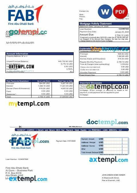 UAE First Abu Dhabi bank mortgage statement in Word and PDF formats