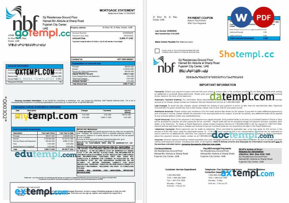 UAE Fujeirah National bank mortgage statement in Word and PDF formats