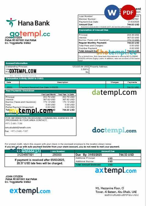 UAE Keb Hana bank mortgage statement in Word and PDF formats