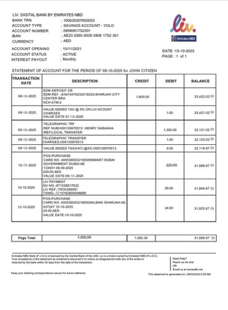 UAE Liv. Digital Bank statement of account Word and PDF template