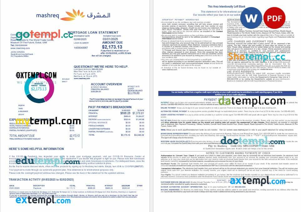 UAE Mashreq mortgage loan statement in Word and PDF formats, 4 pages