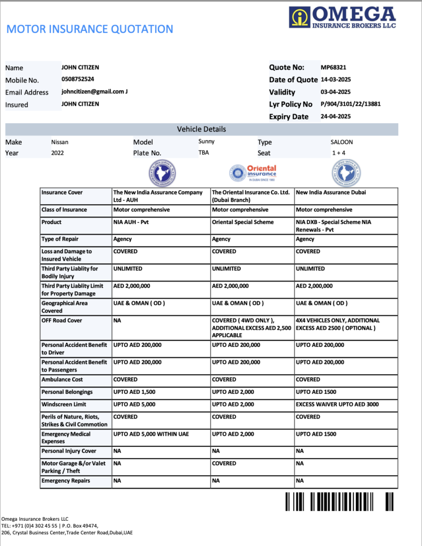 UAE Omega Insurance Brokers motor vehicle quotation Word and PDF template