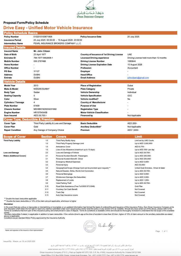 UAE Pearl Insurance Brokers Company policy schedule Word and PDF template
