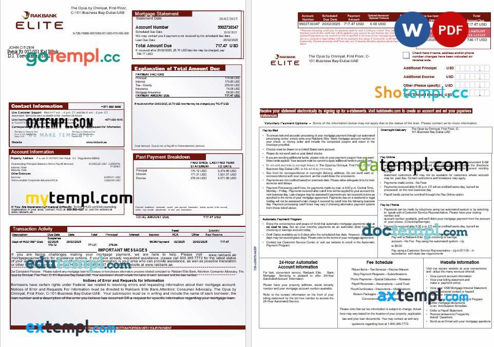 UAE Rakbank Elite bank mortgage statement in Word and PDF formats, 3 pages