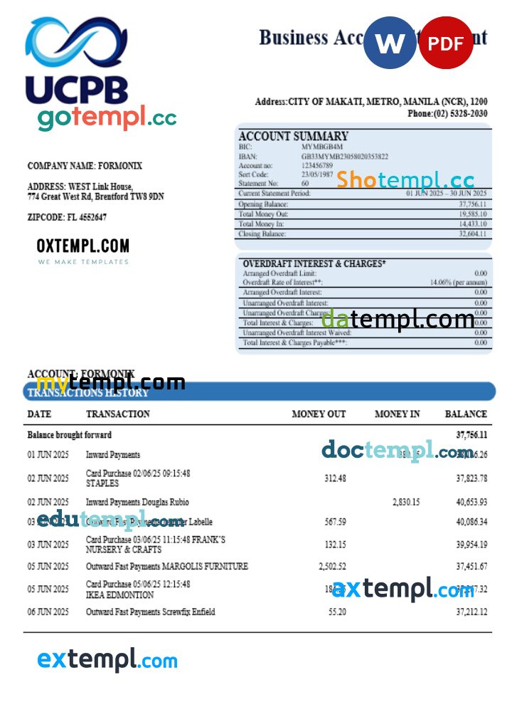 UCPB bank company statement Word and PDF format