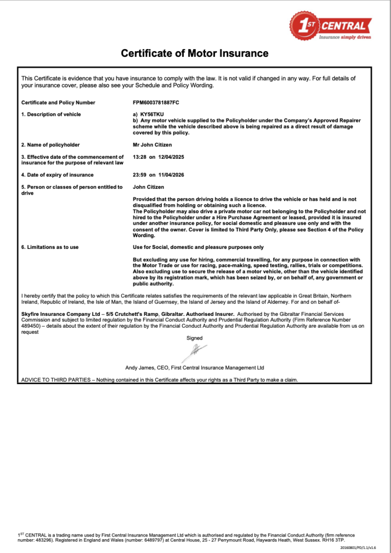 UK 1st Central Insurance certificate of motor insurance Word and PDF template