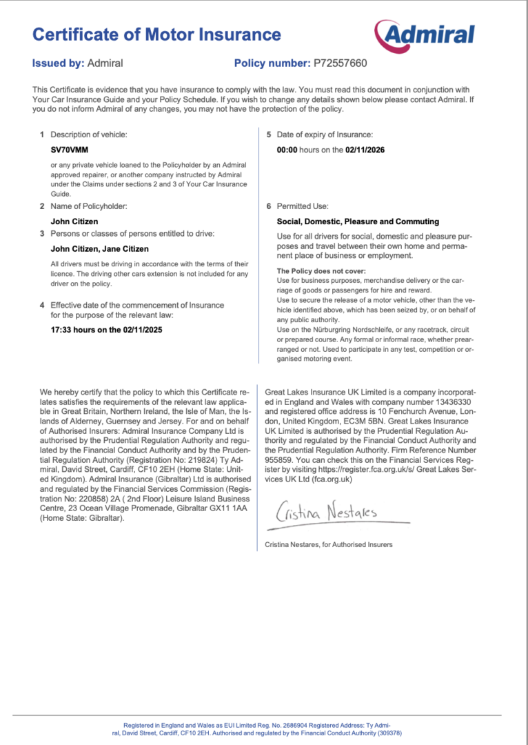 UK Admiral certificate of motor insurance Word and PDF template