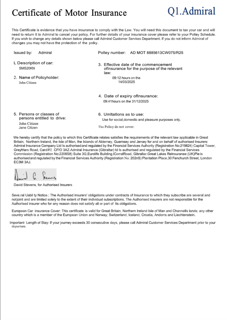 UK Admiral certificate of motor insurance Word and PDF template, version 3