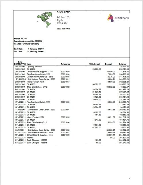 UK Atom Bank account statement Word and PDF template