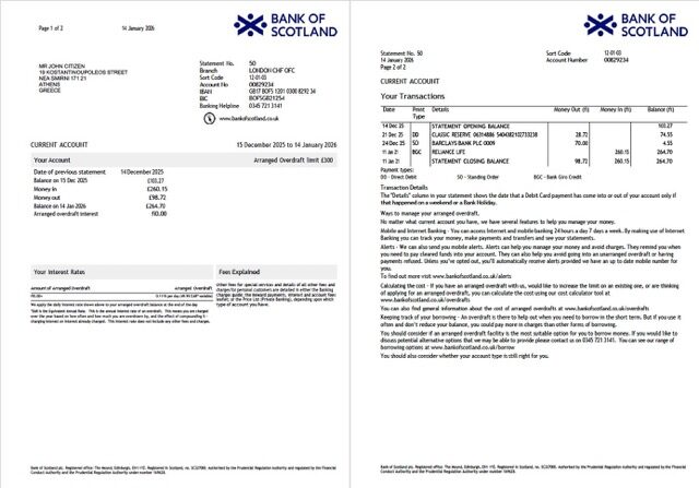 UK Bank of Scotland account statement Word and PDF template, 2 pages