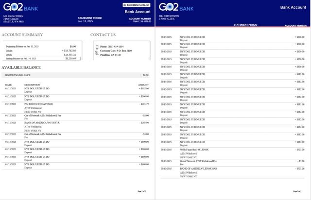 UK GO2 bank statement Word and PDF template, 2 pages