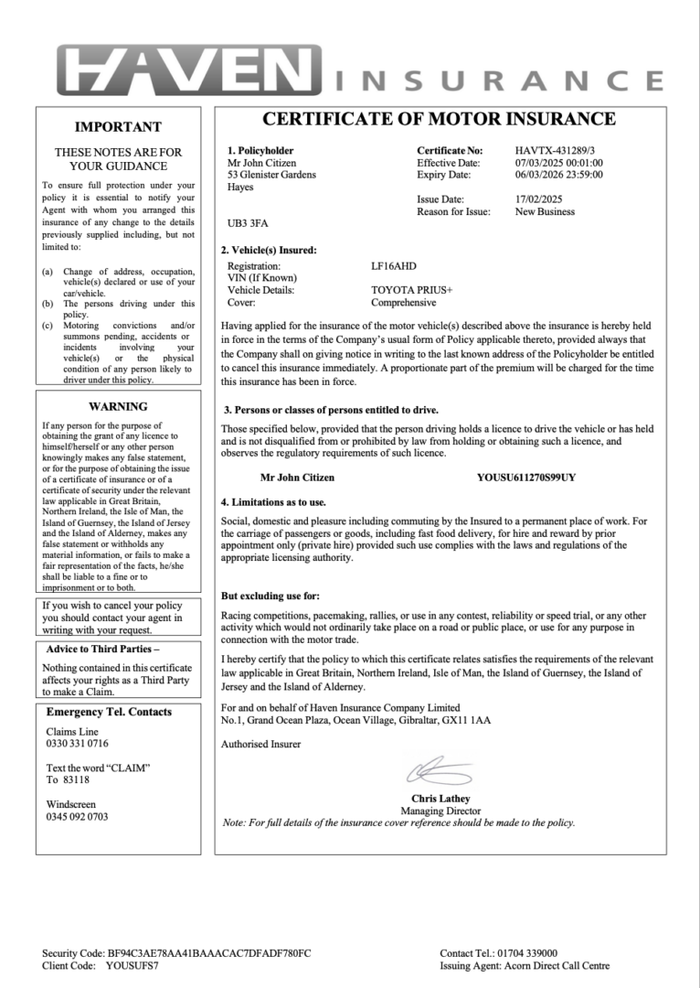 UK Haven Insurance certificate of motor insurance Word and PDF template