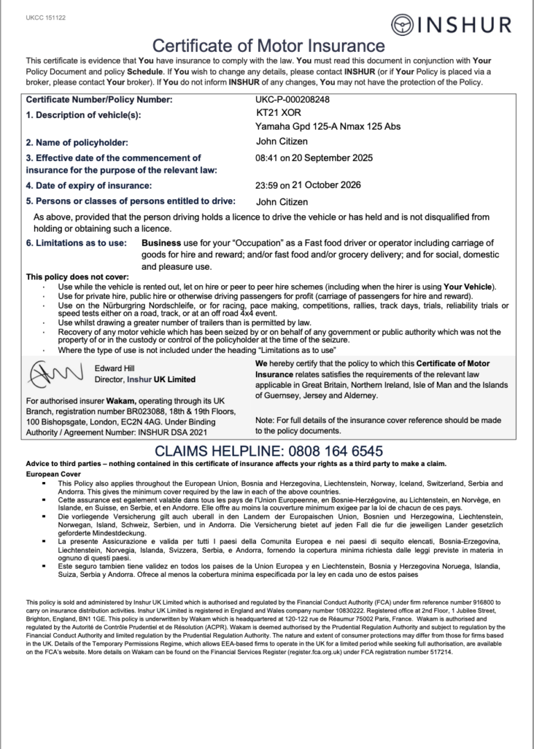 UK Inshur certificate of motor insurance Word and PDF template