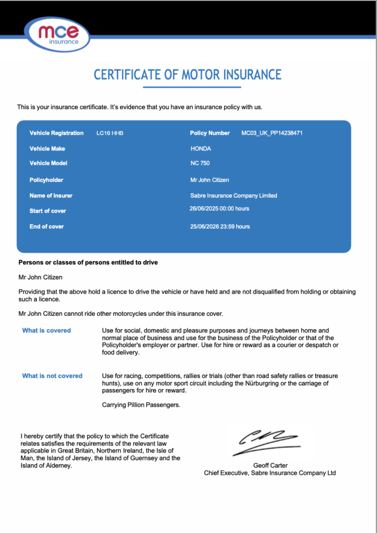 UK MCE Insurance certificate of motor insurance Word and PDF template