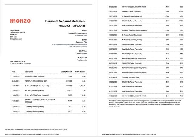 UK Monzo Bank account statement Word and PDF template, 2 pages