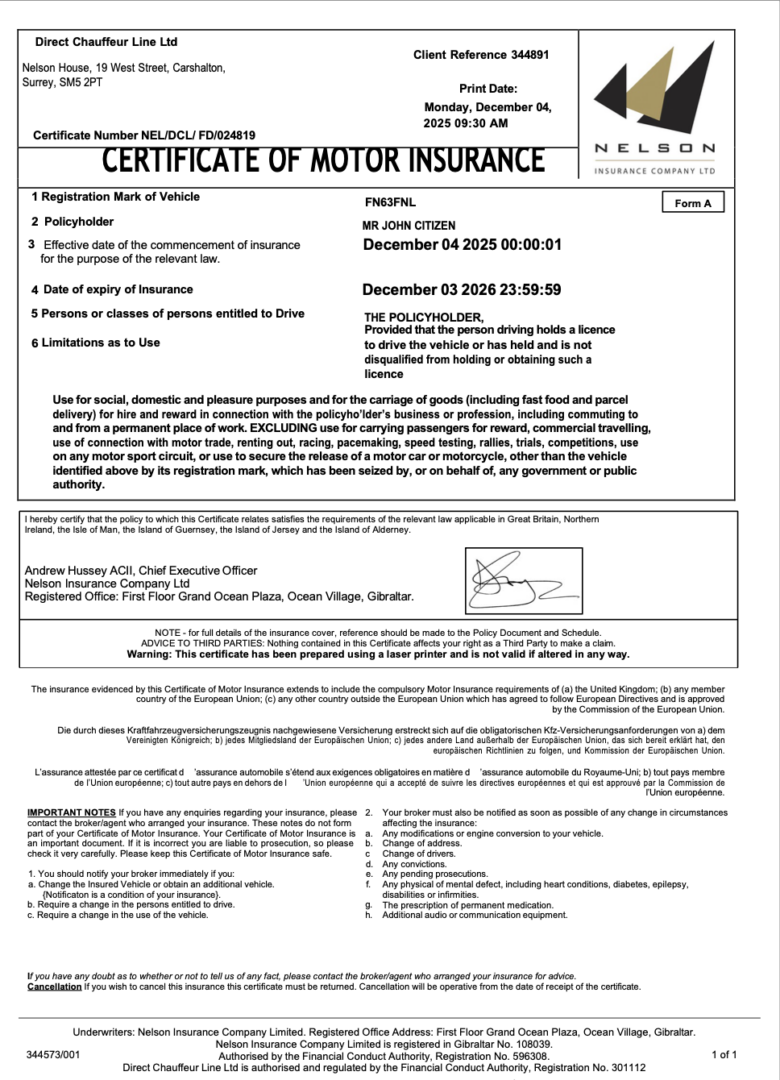 UK Nelson Insurance Company certificate of motor insurance Word and PDF template